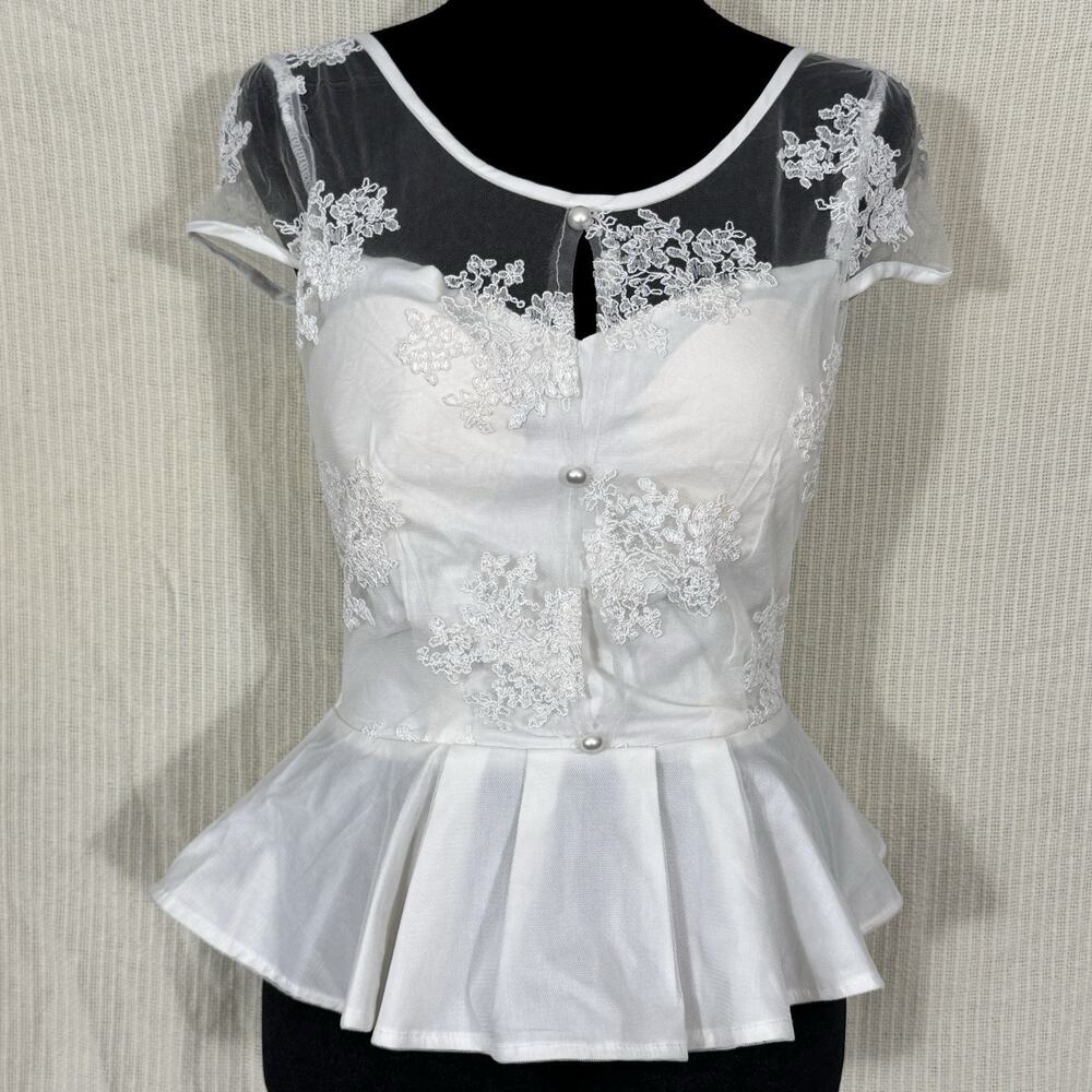 Luga White Lace Mesh Peplum Top Coquette Bridal Romantic Fairycore Regency